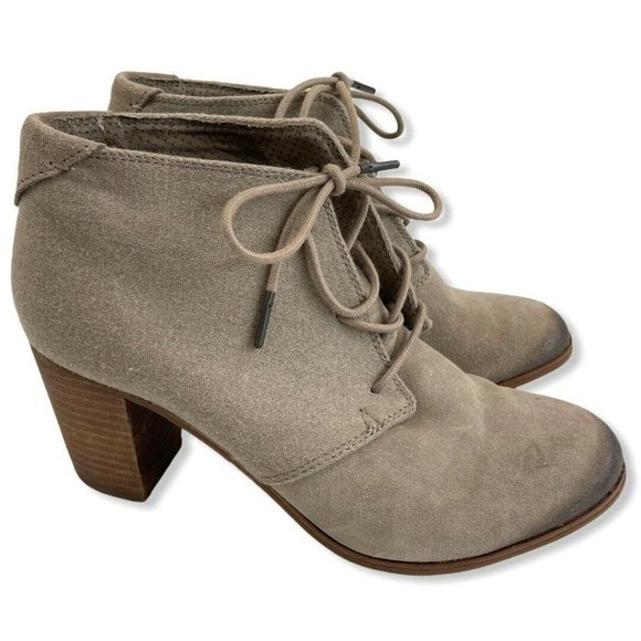TOMS Lunata Taupe Suede Heeled Lace Ankle Boot - Picture 1 of 9